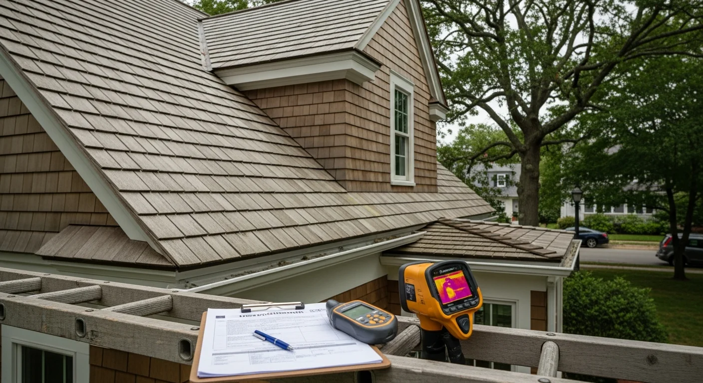 Home inspector documenting roof condition for real estate transaction