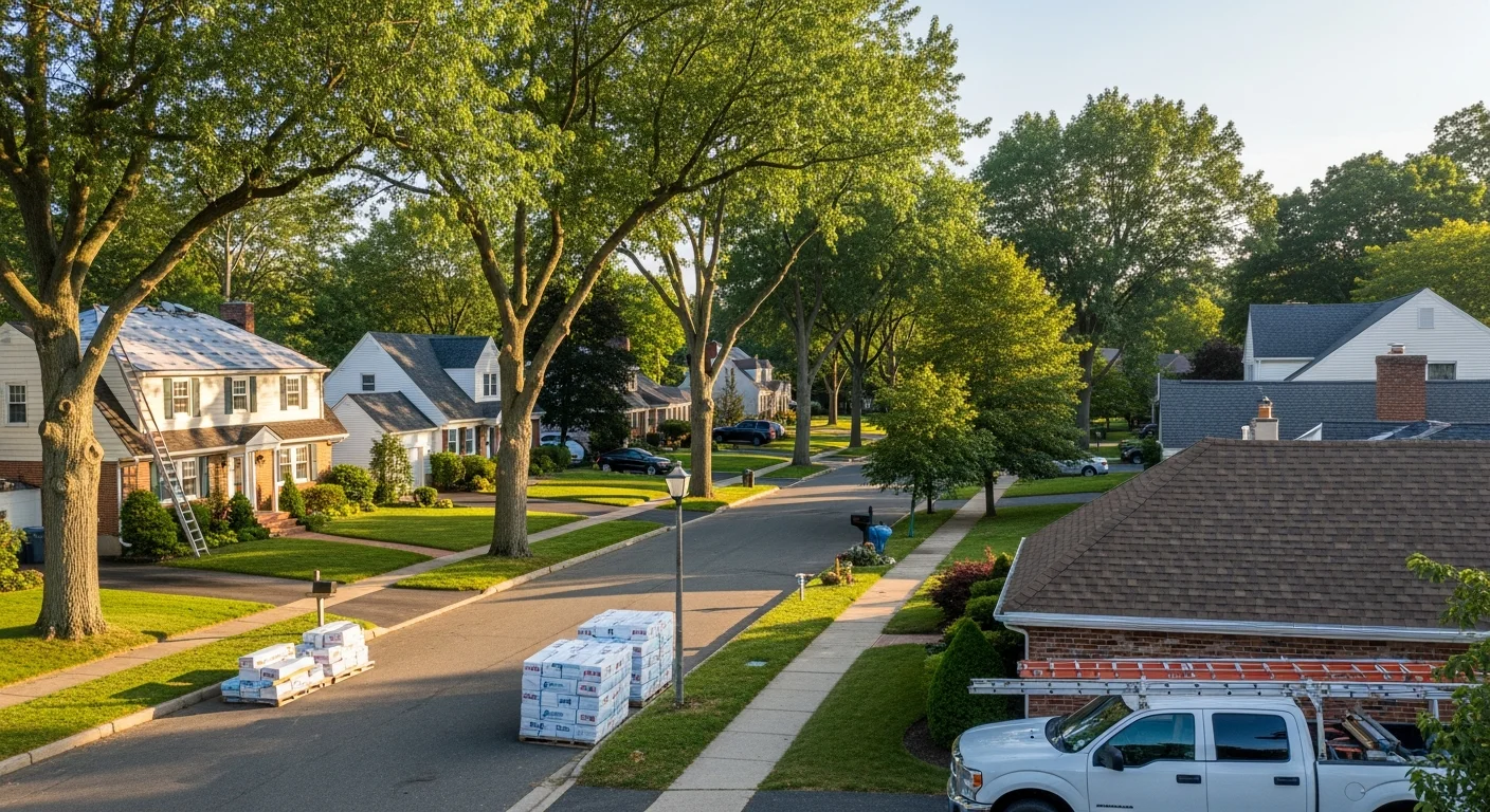 Well-maintained residential street in West Hartford with mature trees and updated homes, showing the neighborhood character we serve.