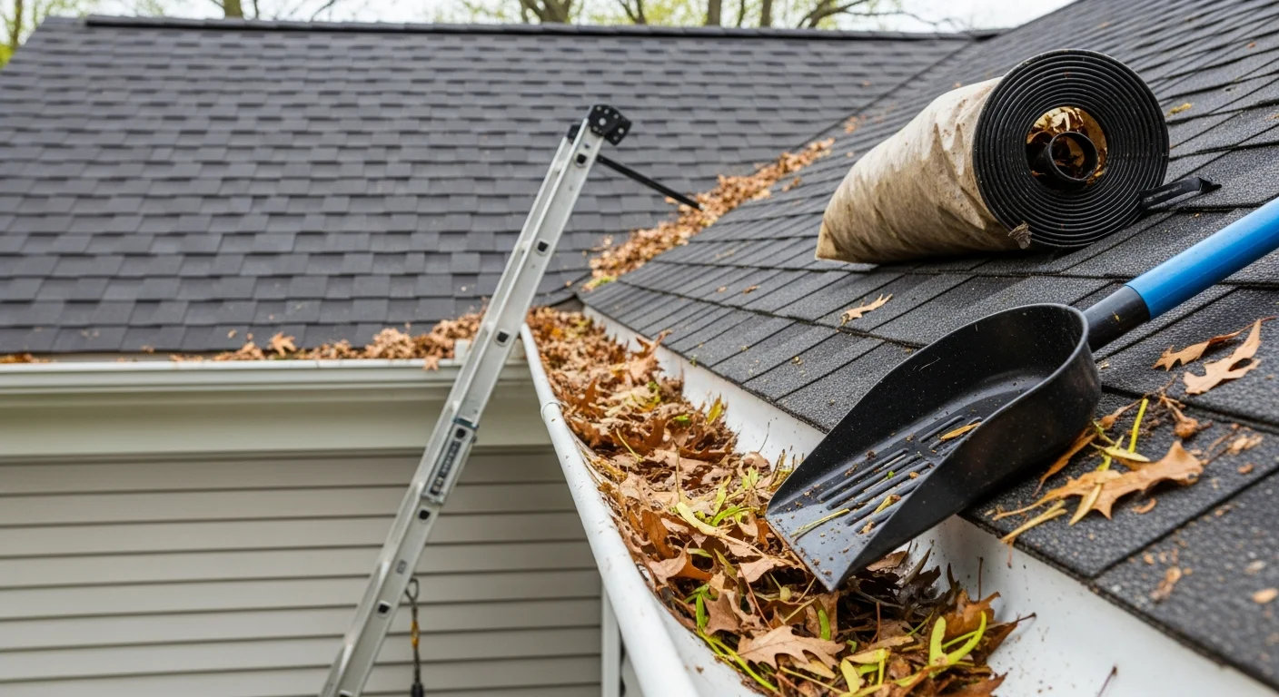 A gutter cleaning technician removing packed leaf debris from the gutters of a two-story Colonial home in West Hartford, Connecticut. The downspout runs clear after flushing, with fall foliage visible in the background.
