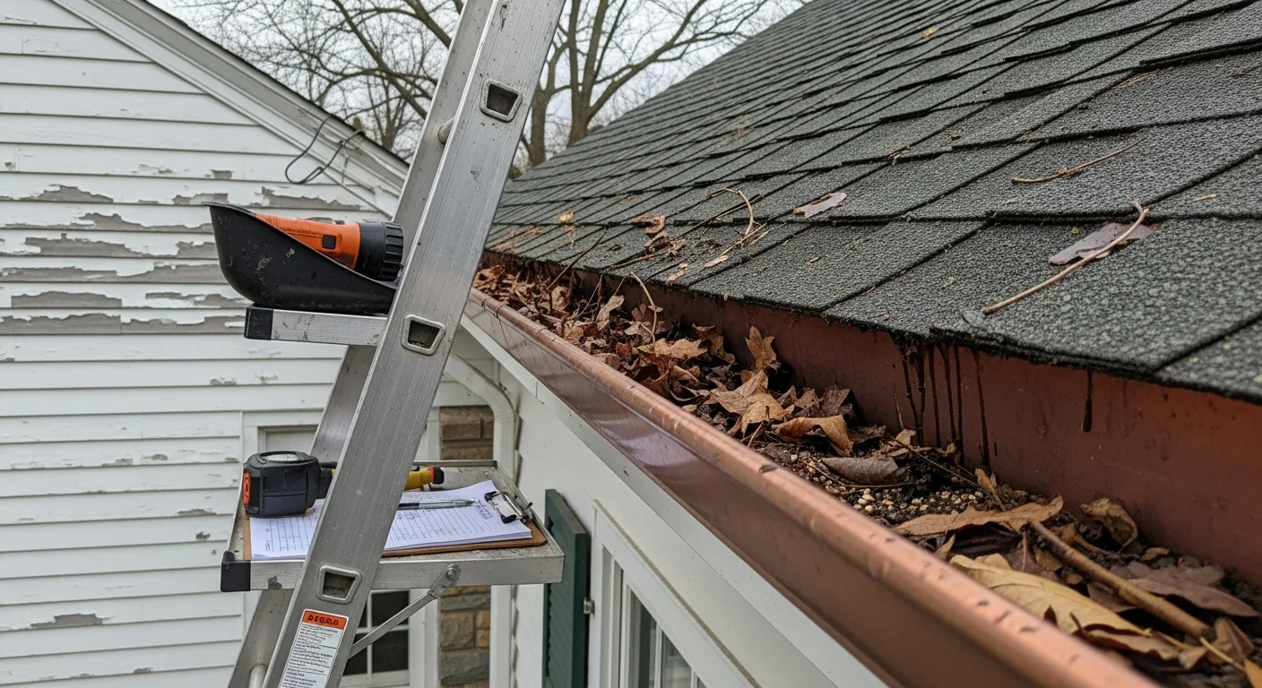 A roofing technician inspecting the gutter channel and fascia connection on a two-story Colonial-style home in West Hartford, CT. The image shows a close-up view of the gutter seam and downspout junction being examined for separation and debris buildup.