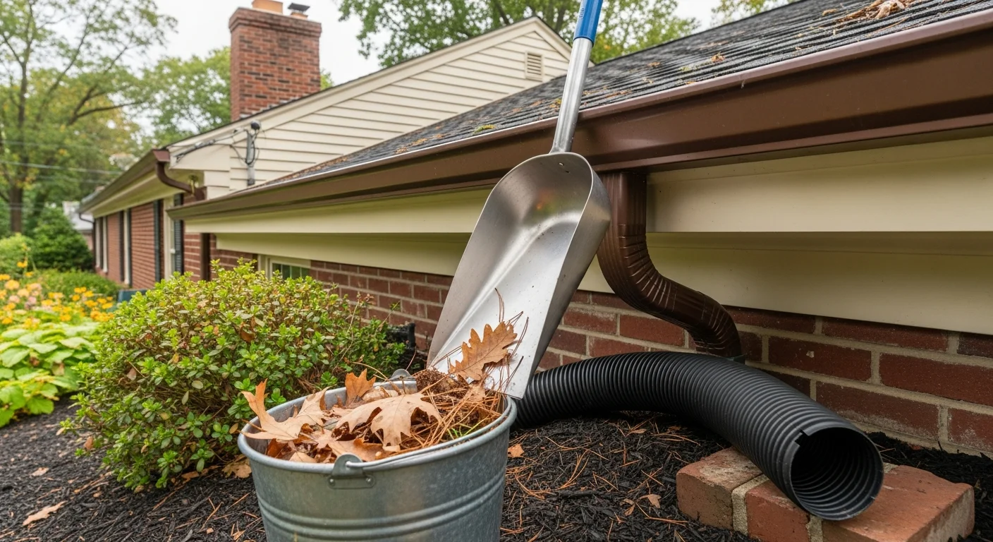 A West Hartford Colonial-style home with clean, debris-free gutters and clear downspouts after professional gutter maintenance service. A technician from Elite Premier Roofing, LLC inspects the roofline connection on a ladder positioned along the front fascia.