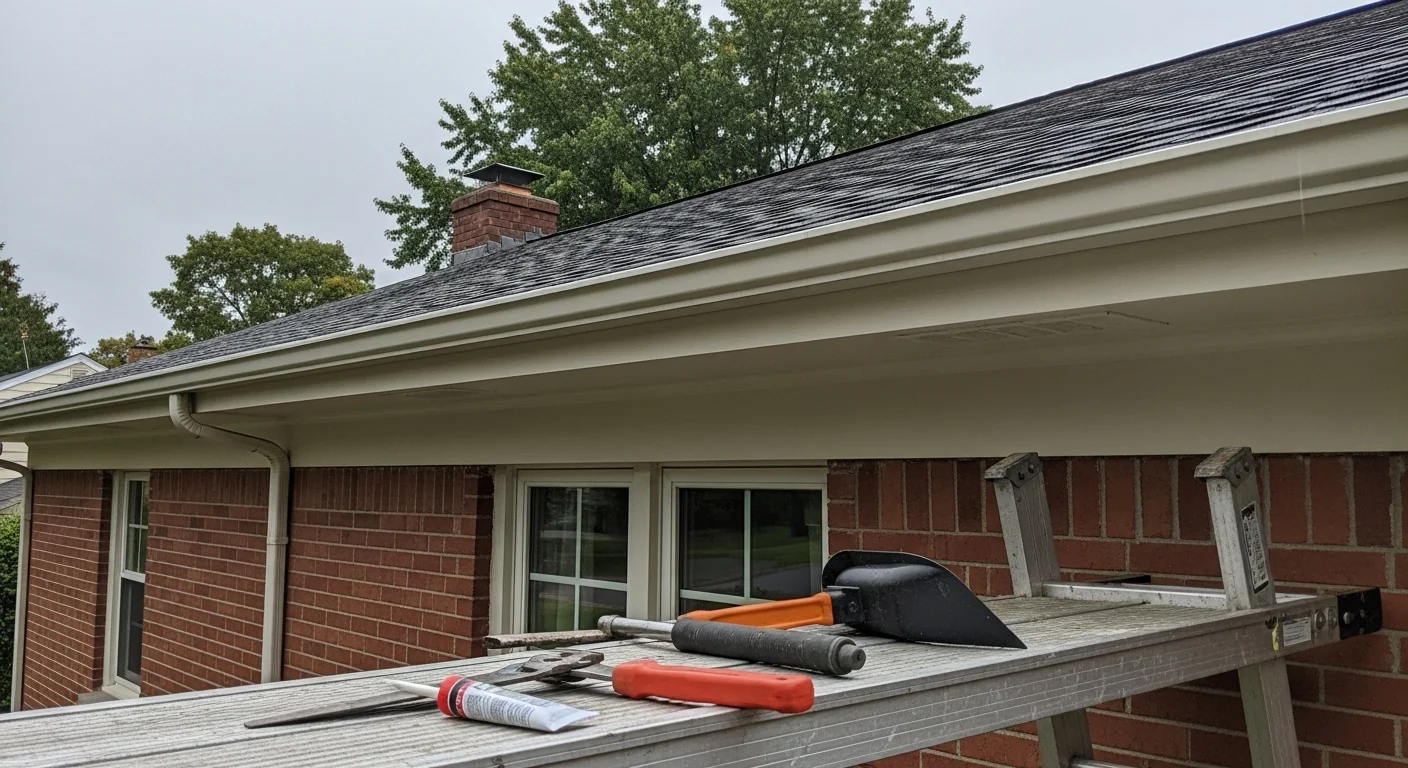 A gutter repair technician from Elite Premier Roofing, LLC resealing a leaking joint on an older Colonial-style home in West Hartford, CT. The repaired gutter section runs along a wood fascia board with mature trees visible in the background.