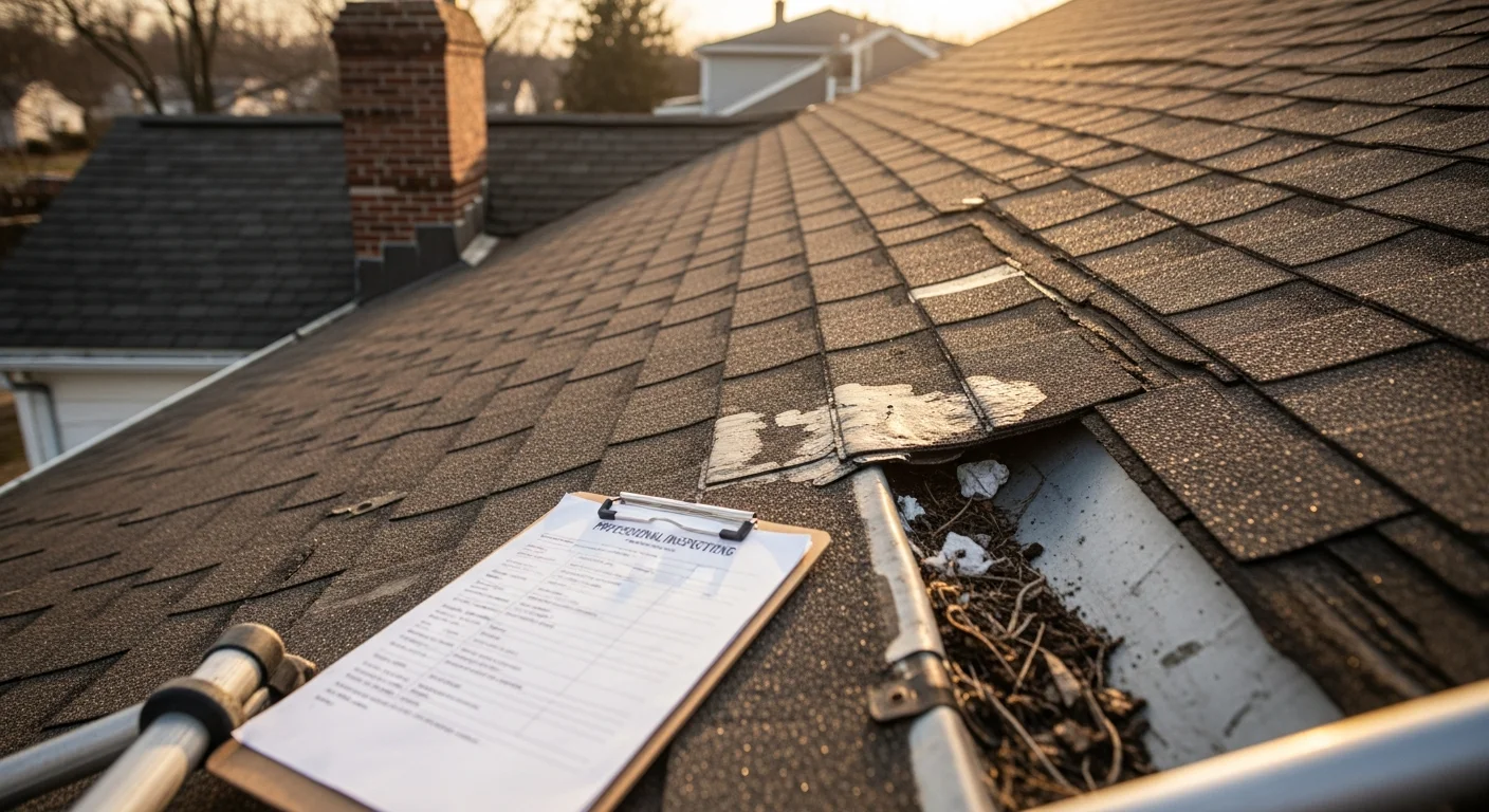 A roofing professional from Elite Premier Roofing, LLC inspecting the shingles and flashing on a 1950s Colonial-style home in West Hartford, CT. Close-up view shows granule loss and lifted flashing near a dormer, documented with a photo for a pre-purchase inspection report.