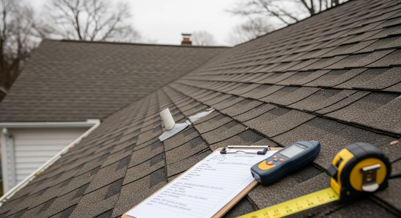 A roofing professional from Elite Premier Roofing, LLC conducting a close-up property condition assessment on the shingles and flashing of a mid-century Colonial home in West Hartford, CT. The inspector documents visible granule loss and flashing wear on a steep-pitched roof with a clipboard and camera.