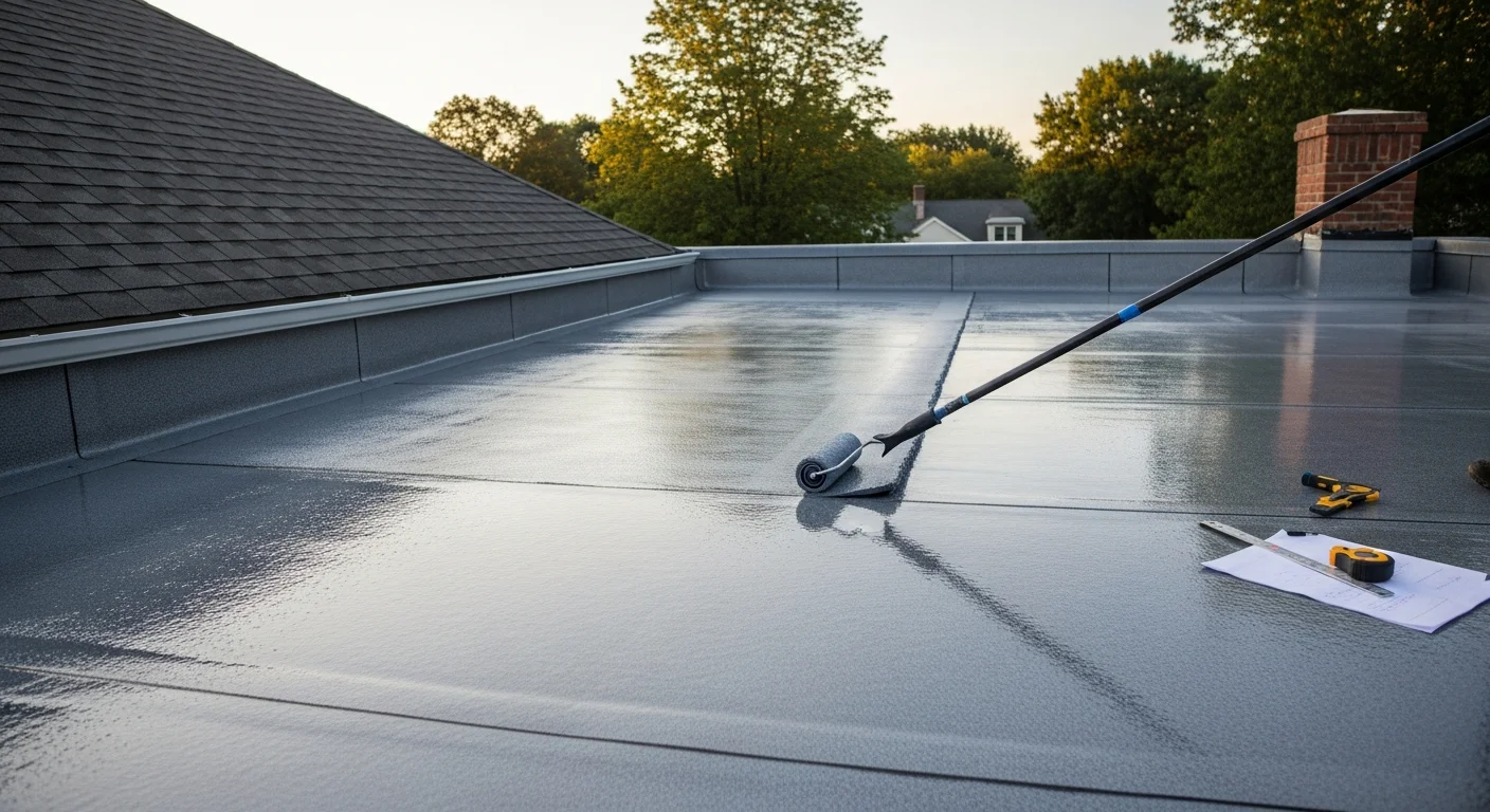 A West Hartford residential roof with a freshly applied seamless white reflective coating covering the full surface. The coating is shown smooth and uniform against the backdrop of a Connecticut neighborhood streetscape.