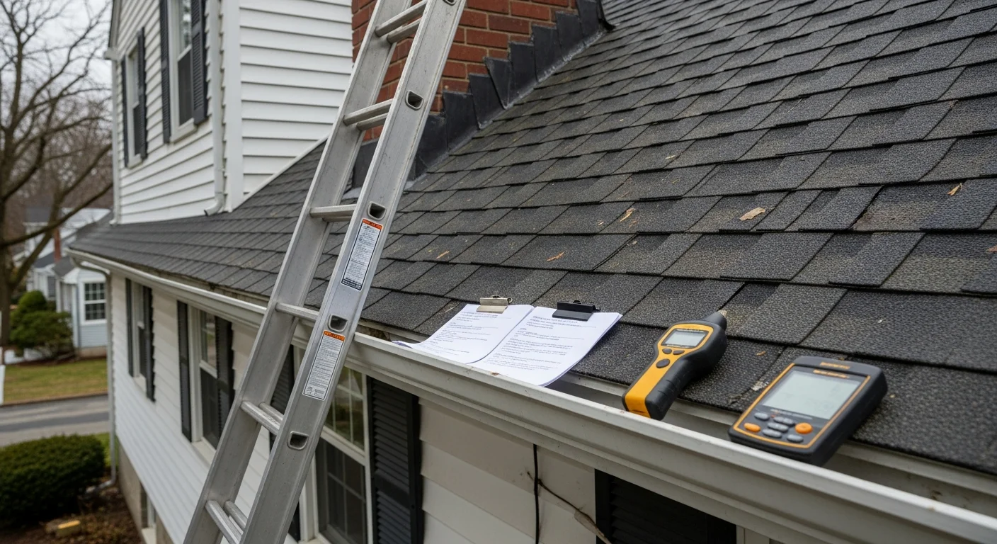 A roofing professional from Elite Premier Roofing, LLC inspecting the shingles and flashing on a 1950s Colonial-style home in West Hartford, CT. The inspector is documenting eave and ventilation conditions as part of a pre-sale roof inspection.