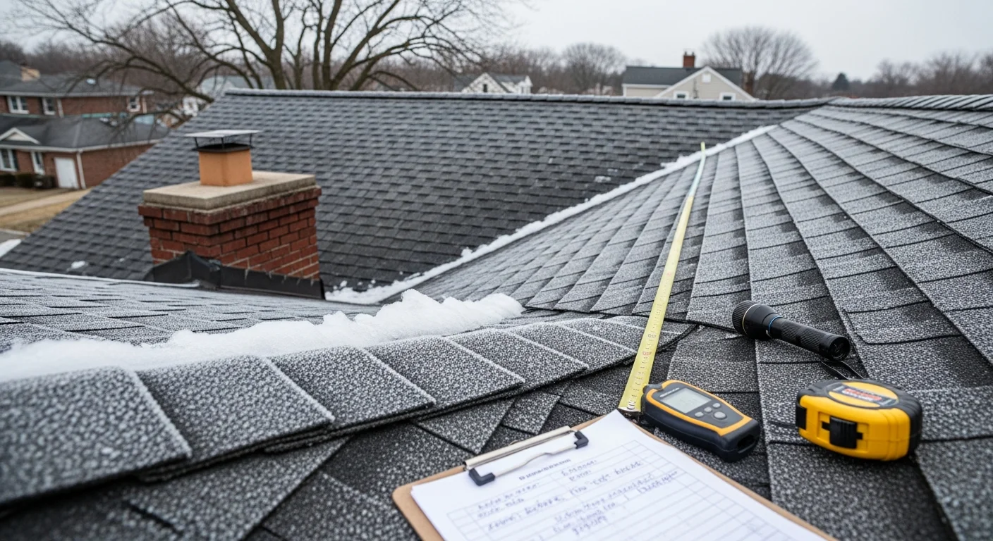 A roofing contractor from Elite Premier Roofing, LLC performing a close-up roof inspection on a residential home in West Hartford, CT, checking shingle condition and flashing along the roofline. The image shows the inspector documenting findings on a Colonial-style home typical of the West Hartford area.