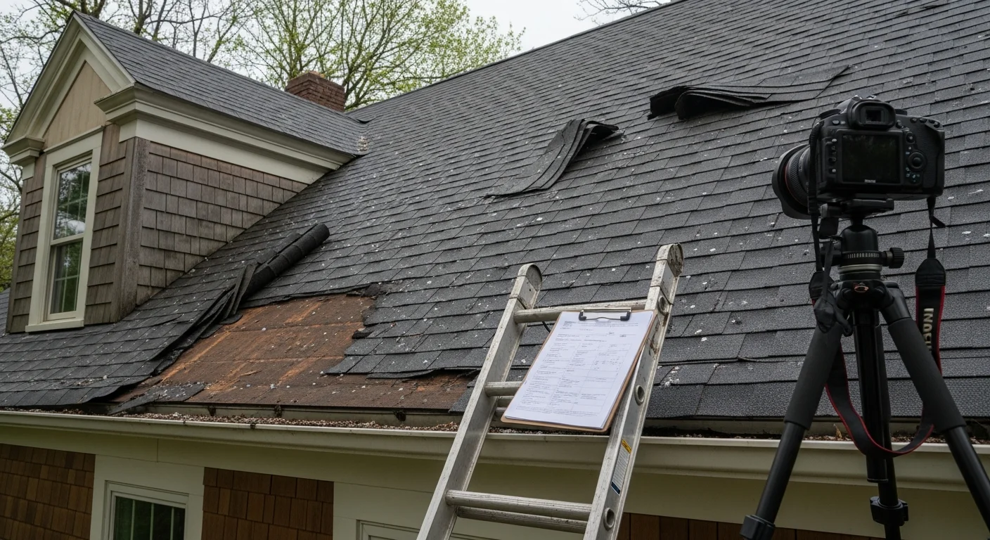 A West Hartford residential roof showing hail impact marks and granule loss on asphalt shingles after a Connecticut storm. An Elite Premier Roofing, LLC contractor documents the damage with photos during an insurance claim inspection.