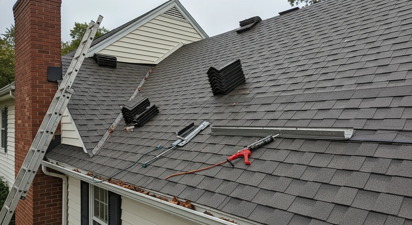 A roofing contractor from Elite Premier Roofing, LLC replacing damaged shingles on a Colonial-style home in West Hartford, CT. Close-up view shows repaired flashing and new shingles along the roof edge after storm damage.