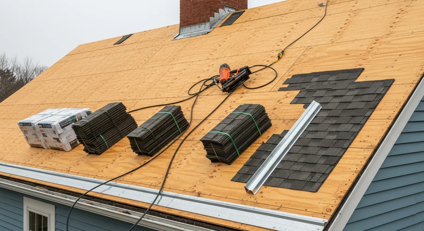 A completed roof replacement on a Colonial-style home in West Hartford, CT, showing new architectural shingles installed from ridge to eave. The finished roofline is clean and even against a backdrop of mature Connecticut trees.