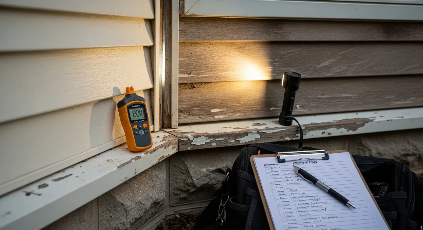 A siding contractor from Elite Premier Roofing, LLC inspecting the exterior panels and window trim of a classic New England colonial home in West Hartford, CT. Close-up view shows the contractor examining a seam near a corner board for signs of moisture damage and panel separation.