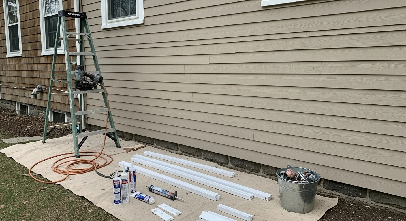 A West Hartford colonial-style home with freshly repaired and color-matched siding panels along the front exterior. Close-up view shows tight seams and no visible cracking or warping on the repaired section.