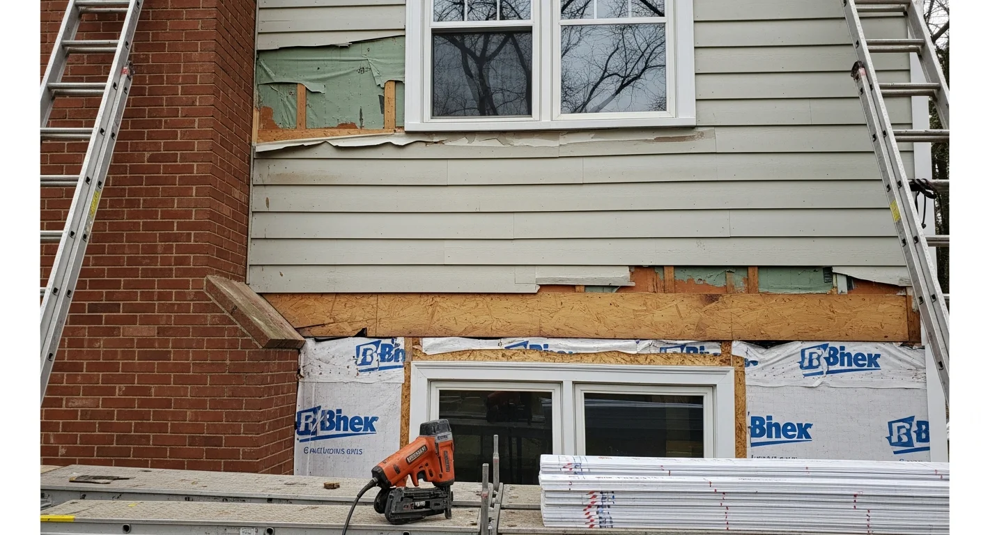A West Hartford colonial-style home with freshly installed exterior siding, showing clean panel lines and a sealed, uniform finish along the front and side walls. The completed replacement covers the full exterior from the foundation line to the roofline.